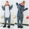 Gray shark flannel cartoon jumpsuit pajamas, coral fleece, giant toothed shark animal, one-piece hair collection, couple style, soft