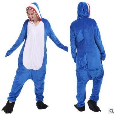 Gray shark flannel cartoon jumpsuit pajamas, coral fleece, giant toothed shark animal, one-piece hair collection, couple style, soft