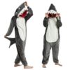 Gray shark flannel cartoon jumpsuit pajamas, coral fleece, giant toothed shark animal, one-piece hair collection, couple style, soft