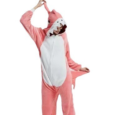 Gray shark flannel cartoon jumpsuit pajamas, coral fleece, giant toothed shark animal, one-piece hair collection, couple style, soft