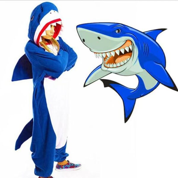 Gray shark flannel cartoon jumpsuit pajamas, coral fleece, giant toothed shark animal, one-piece hair collection, couple style, soft